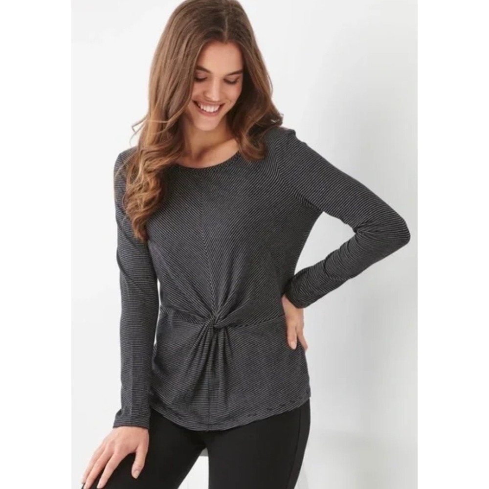 Charlie Paige Twist Front Peplum Top Black White Stripe Long Sleeve NWT M